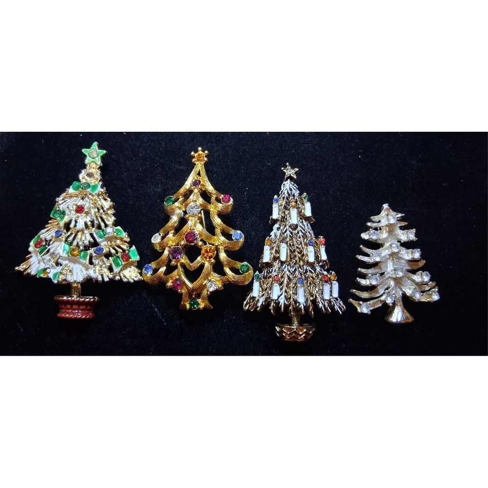 Vintage Lot of 4 Christmas Tree Brooch Pins Gold Tone Enamel Rhinestones Signed